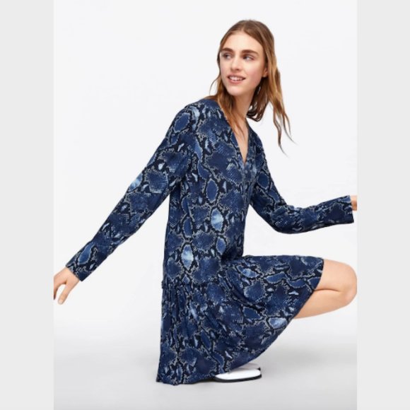 SOLD Zara Blue Snake Print V Neck Button Front Dress S - Picture 4 of 11